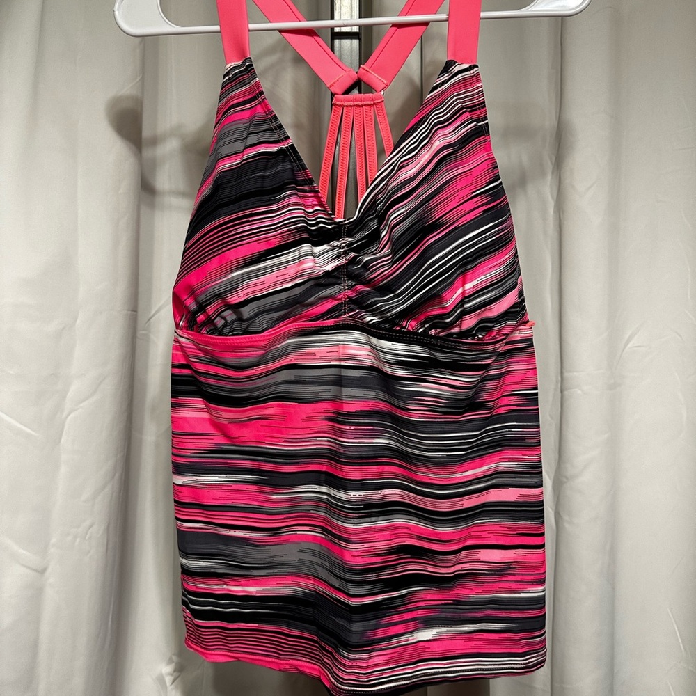 Tropical Pink Stripe Mix Bra Halter Tankini Top